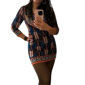 Flying Tomato Knitted Sweater Dress Bodycon Blue and Orange Grometric Print Sz S